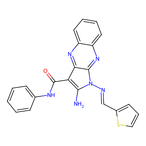 (E)-2-amino-N-phenyl-1-((thiophen-2-ylmethylene)amino)-1H-pyrrolo[2,3-b]quinoxaline-3-carboxamide structure