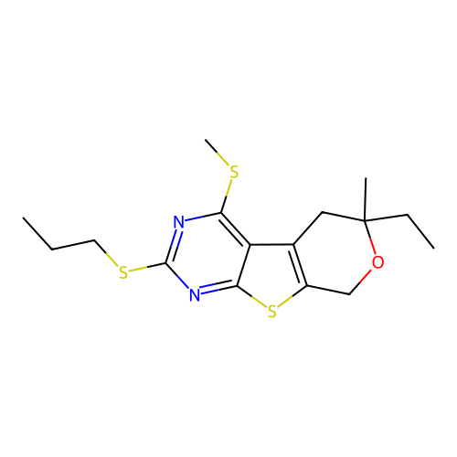 6-ethyl-6-methyl-4-(methylsulfanyl)-2-(propylsulfanyl)-5,8-dihydro-6H-pyrano[4',3':4,5]thieno[2,3-d]pyrimidine structure