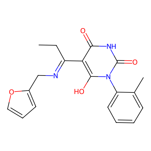 5-[1-(2-furylmethylamino)propylidene]-1-(2-methylphenyl)-1,3-diazinane-2,4,6-trione structure