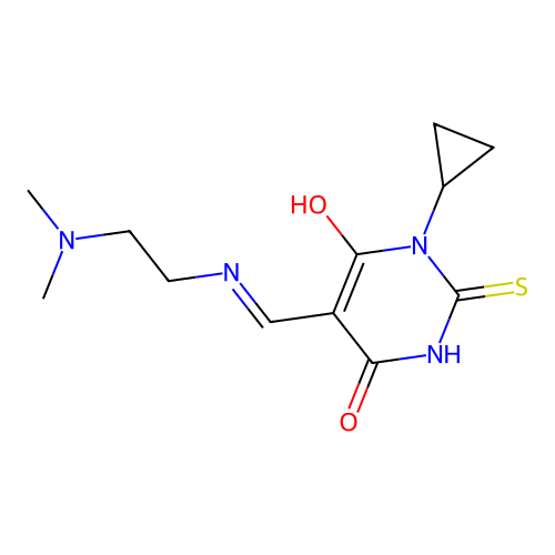 (E)-1-cyclopropyl-5-(((2-(dimethylamino)ethyl)amino)methylene)-2-thioxodihydropyrimidine-4,6(1H,5H)-dione structure