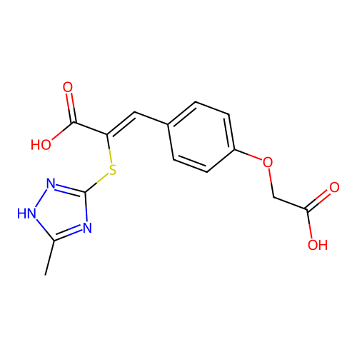 (Z)-3-(4-(carboxymethoxy)phenyl)-2-((5-methyl-4H-1,2,4-triazol-3-yl)thio)acrylic acid structure
