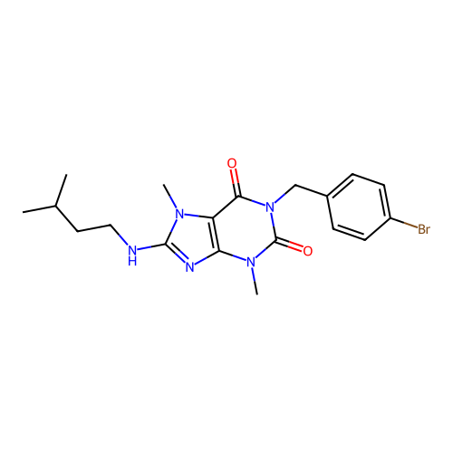 1-[(4-bromophenyl)methyl]-3,7-dimethyl-8-(3-methylbutylamino)purine-2,6-dione structure