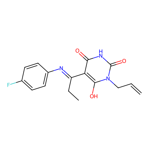 (E)-1-allyl-5-(1-((4-fluorophenyl)amino)propylidene)pyrimidine-2,4,6(1H,3H,5H)-trione structure