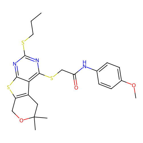 2-((6,6-dimethyl-2-(propylthio)-6,8-dihydro-5H-pyrano[4',3':4,5]thieno[2,3-d]pyrimidin-4-yl)thio)-N-(4-methoxyphenyl)acetamide structure