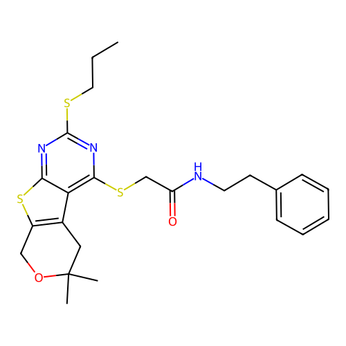 2-((6,6-dimethyl-2-(propylthio)-6,8-dihydro-5H-pyrano[4',3':4,5]thieno[2,3-d]pyrimidin-4-yl)thio)-N-phenethylacetamide structure