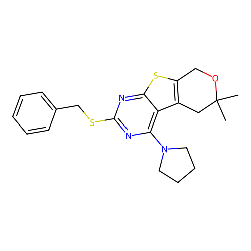 2-(BENZYLSULFANYL)-6,6-DIMETHYL-4-(1-PYRROLIDINYL)-5,8-DIHYDRO-6H-PYRANO[4',3':4,5]THIENO[2,3-D]PYRIMIDINE structure