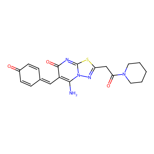 (E)-6-(4-hydroxybenzylidene)-5-imino-2-(2-oxo-2-(piperidin-1-yl)ethyl)-5H-[1,3,4]thiadiazolo[3,2-a]pyrimidin-7(6H)-one structure