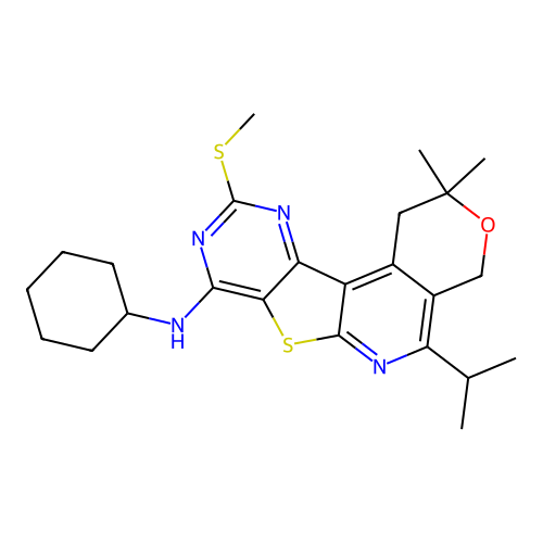 N-cyclohexyl-2,2-dimethyl-10-(methylsulfanyl)-5-(propan-2-yl)-1,4-dihydro-2H-pyrano[4'',3'':4',5']pyrido[3',2':4,5]thieno[3,2-d]pyrimidin-8-amine structure