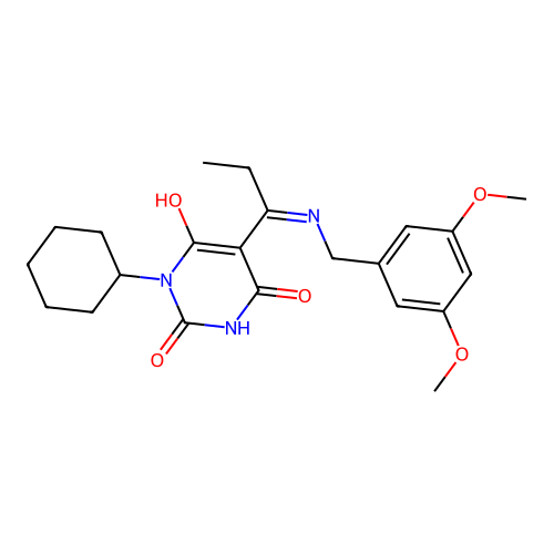 1-cyclohexyl-5-[1-[(3,5-dimethoxyphenyl)methylamino]propylidene]-1,3-diazinane-2,4,6-trione structure