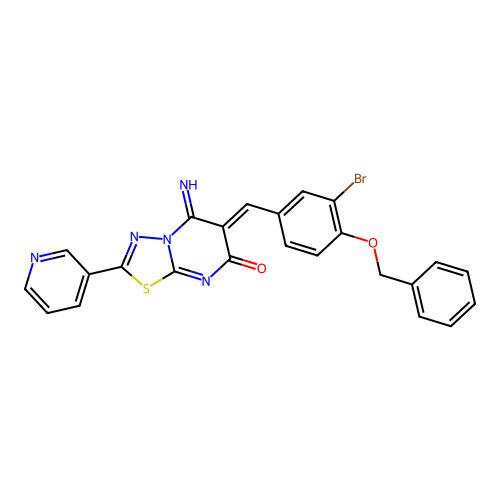 (6Z)-6-[(3-bromo-4-phenylmethoxyphenyl)methylidene]-5-imino-2-pyridin-3-yl-[1,3,4]thiadiazolo[3,2-a]pyrimidin-7-one structure