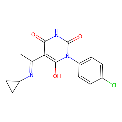 1-(4-chlorophenyl)-5-[1-(cyclopropylamino)ethylidene]-1,3-diazinane-2,4,6-trione structure