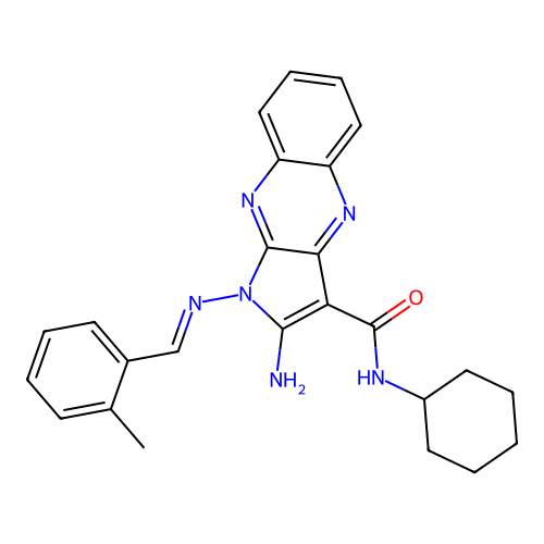 (E)-2-amino-N-cyclohexyl-1-((2-methylbenzylidene)amino)-1H-pyrrolo[2,3-b]quinoxaline-3-carboxamide structure