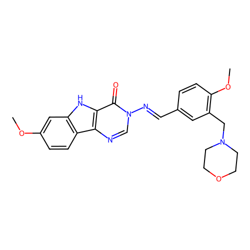 (E)-7-methoxy-3-((4-methoxy-3-(morpholinomethyl)benzylidene)amino)-3H-pyrimido[5,4-b]indol-4(5H)-one structure
