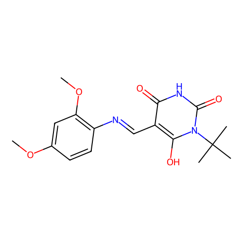 (5Z)-1-tert-butyl-5-[(2,4-dimethoxyanilino)methylidene]-1,3-diazinane-2,4,6-trione structure