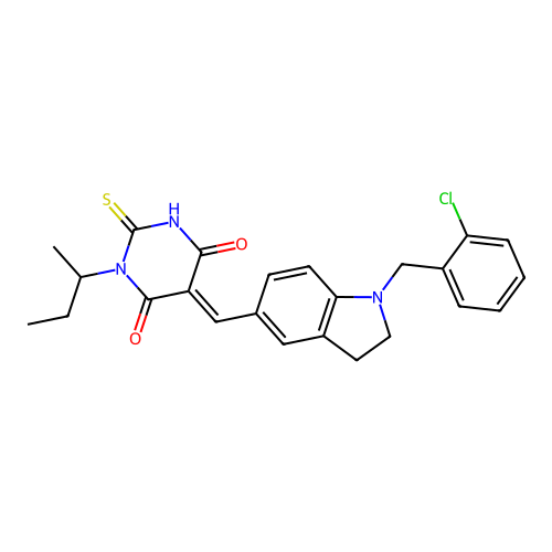 (5E)-3-(butan-2-yl)-5-{[1-(2-chlorobenzyl)-2,3-dihydro-1H-indol-5-yl]methylidene}-6-hydroxy-2-thioxo-2,5-dihydropyrimidin-4(3H)-one structure