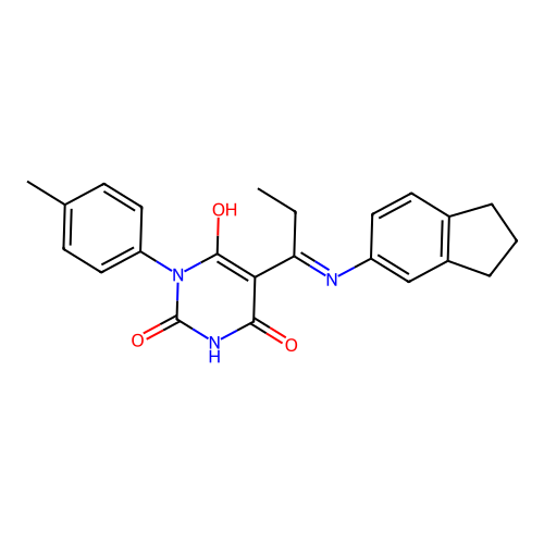 (5E)-5-[1-(2,3-dihydro-1H-inden-5-ylamino)propylidene]-1-(4-methylphenyl)-1,3-diazinane-2,4,6-trione structure