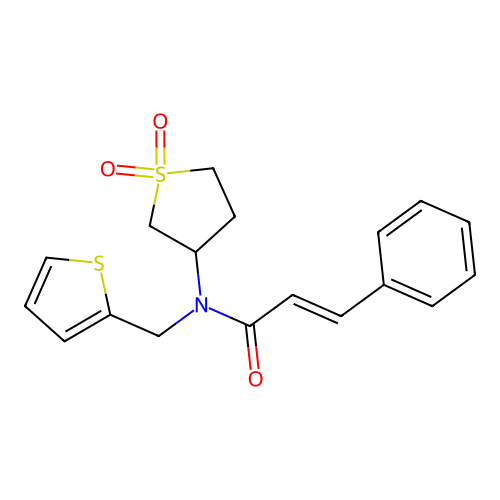 (2E)-N-(1,1-dioxidotetrahydrothiophen-3-yl)-3-phenyl-N-(thiophen-2-ylmethyl)prop-2-enamide structure
