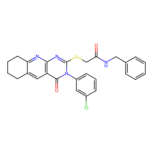 N-benzyl-2-((3-(3-chlorophenyl)-4-oxo-3,4,6,7,8,9-hexahydropyrimido[4,5-b]quinolin-2-yl)thio)acetamide structure