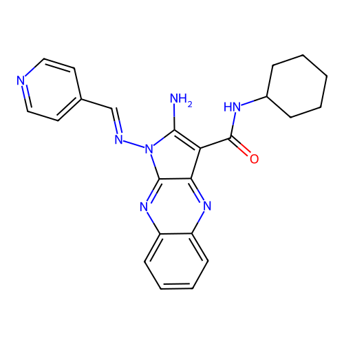 (E)-2-amino-N-cyclohexyl-1-((pyridin-4-ylmethylene)amino)-1H-pyrrolo[2,3-b]quinoxaline-3-carboxamide structure