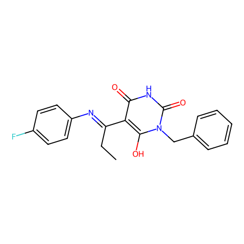 (E)-1-benzyl-5-(1-((4-fluorophenyl)amino)propylidene)pyrimidine-2,4,6(1H,3H,5H)-trione structure