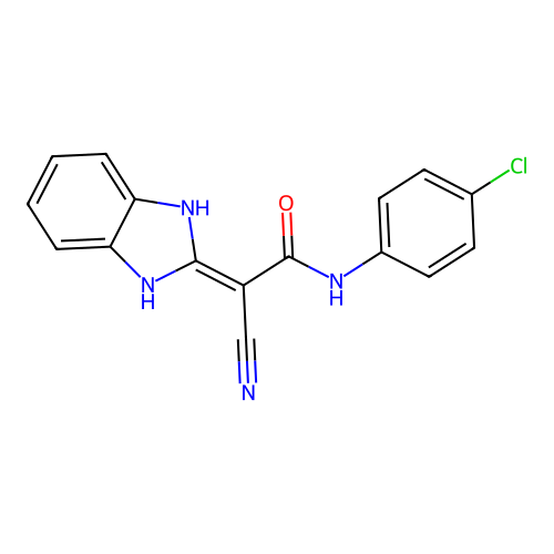 N-(4-chlorophenyl)-2-cyano-2-(1,3-dihydro-2H-benzimidazol-2-ylidene)acetamide structure