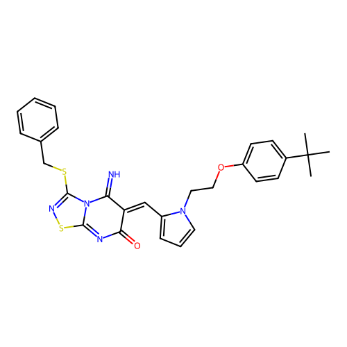 (6Z)-3-(benzylsulfanyl)-6-({1-[2-(4-tert-butylphenoxy)ethyl]-1H-pyrrol-2-yl}methylidene)-5-imino-5,6-dihydro-7H-[1,2,4]thiadiazolo[4,5-a]pyrimidin-7-one structure