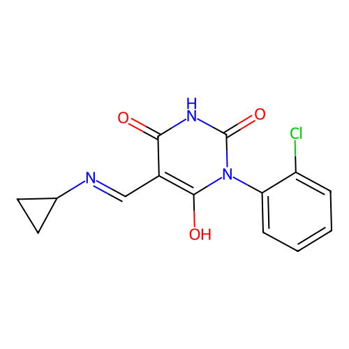 1-(2-chlorophenyl)-5-[(cyclopropylamino)methylidene]-1,3-diazinane-2,4,6-trione structure