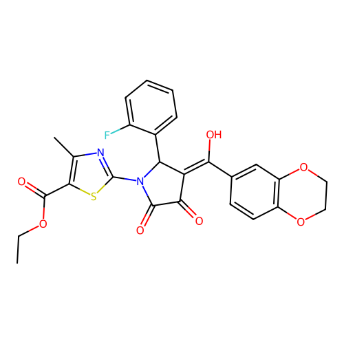 ethyl 2-[(3E)-3-[2,3-dihydro-1,4-benzodioxin-6-yl(hydroxy)methylidene]-2-(2-fluorophenyl)-4,5-dioxopyrrolidin-1-yl]-4-methyl-1,3-thiazole-5-carboxylate structure