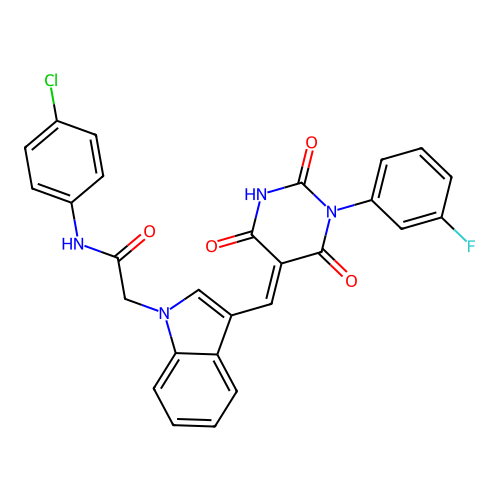 N-(4-chlorophenyl)-2-(3-{(E)-[1-(3-fluorophenyl)-2,4,6-trioxotetrahydropyrimidin-5(2H)-ylidene]methyl}-1H-indol-1-yl)acetamide structure