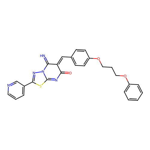 (6Z)-5-imino-6-[[4-(3-phenoxypropoxy)phenyl]methylidene]-2-pyridin-3-yl-[1,3,4]thiadiazolo[3,2-a]pyrimidin-7-one structure