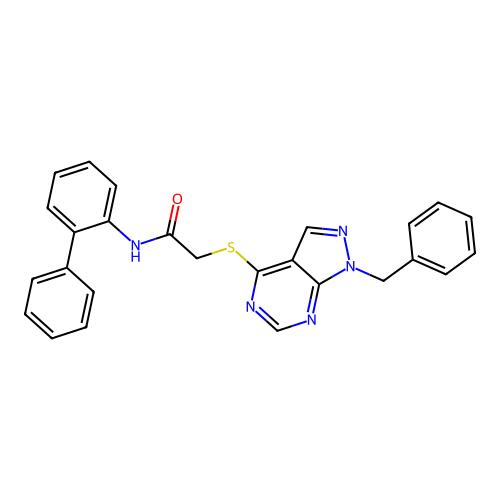 2-(1-benzylpyrazolo[3,4-d]pyrimidin-4-yl)sulfanyl-N-(2-phenylphenyl)acetamide structure