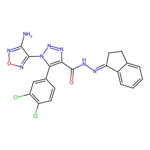 (E)-1-(4-amino-1,2,5-oxadiazol-3-yl)-5-(3,4-dichlorophenyl)-N'-(2,3-dihydro-1H-inden-1-ylidene)-1H-1,2,3-triazole-4-carbohydrazide structure