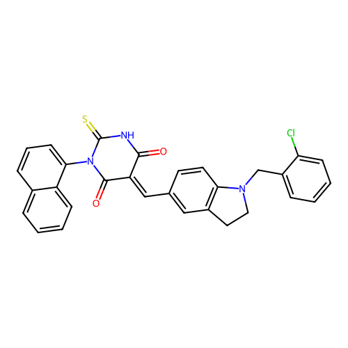 (5E)-5-[[1-[(2-chlorophenyl)methyl]-2,3-dihydroindol-5-yl]methylidene]-1-naphthalen-1-yl-2-sulfanylidene-1,3-diazinane-4,6-dione structure
