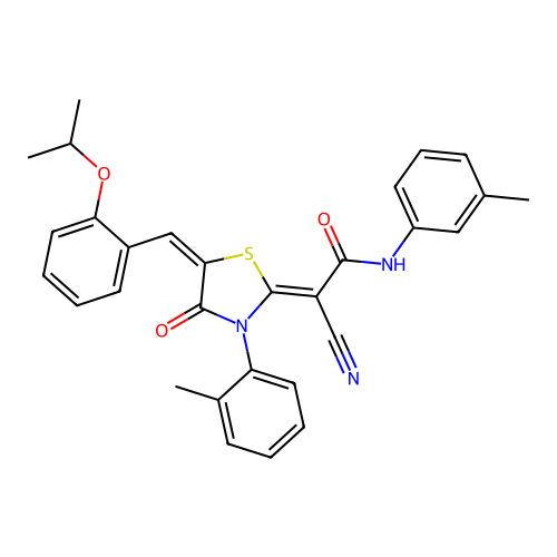 (2Z)-2-cyano-N-(3-methylphenyl)-2-[(5E)-3-(2-methylphenyl)-4-oxo-5-[(2-propan-2-yloxyphenyl)methylidene]-1,3-thiazolidin-2-ylidene]acetamide structure