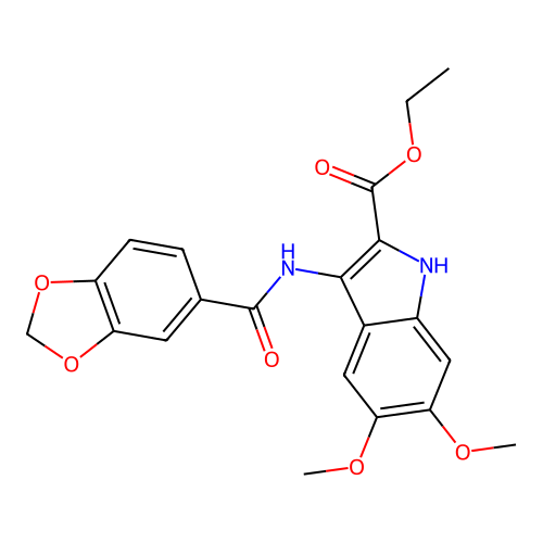 ethyl 3-(1,3-benzodioxole-5-carbonylamino)-5,6-dimethoxy-1H-indole-2-carboxylate structure