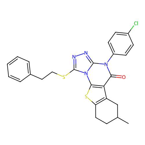 4-(4-chlorophenyl)-7-methyl-1-(phenethylthio)-6,7,8,9-tetrahydrobenzo[4,5]thieno[3,2-e][1,2,4]triazolo[4,3-a]pyrimidin-5(4H)-one structure
