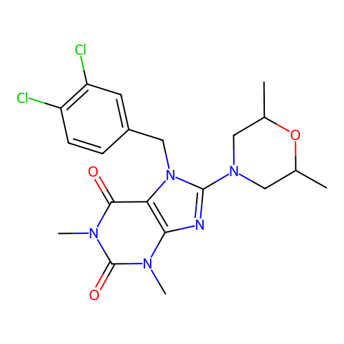7-(3,4-dichlorobenzyl)-8-(2,6-dimethylmorpholin-4-yl)-1,3-dimethyl-3,7-dihydro-1H-purine-2,6-dione structure