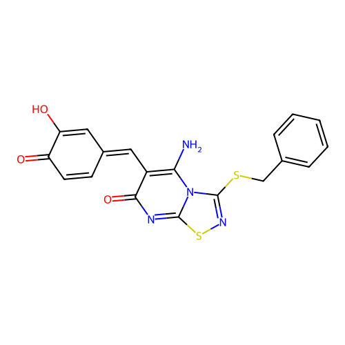 (6Z)-3-(benzylsulfanyl)-6-(3,4-dihydroxybenzylidene)-5-imino-5,6-dihydro-7H-[1,2,4]thiadiazolo[4,5-a]pyrimidin-7-one structure