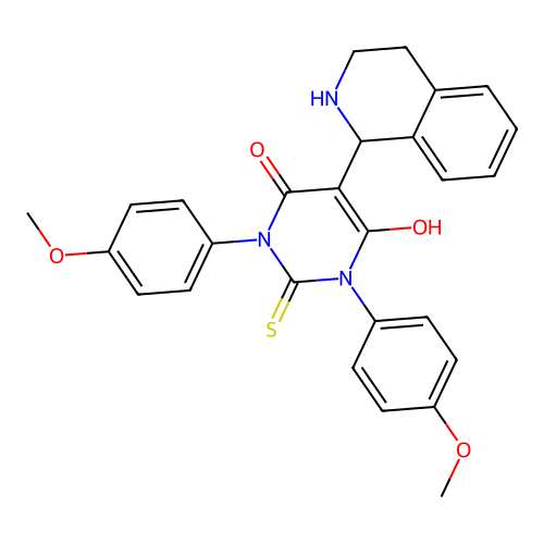 6-hydroxy-1,3-bis(4-methoxyphenyl)-5-(1,2,3,4-tetrahydroisoquinolin-1-yl)-2-thioxo-2,3-dihydropyrimidin-4(1H)-one structure