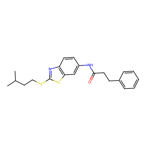 N-{2-[(3-methylbutyl)sulfanyl]-1,3-benzothiazol-6-yl}-3-phenylpropanamide structure