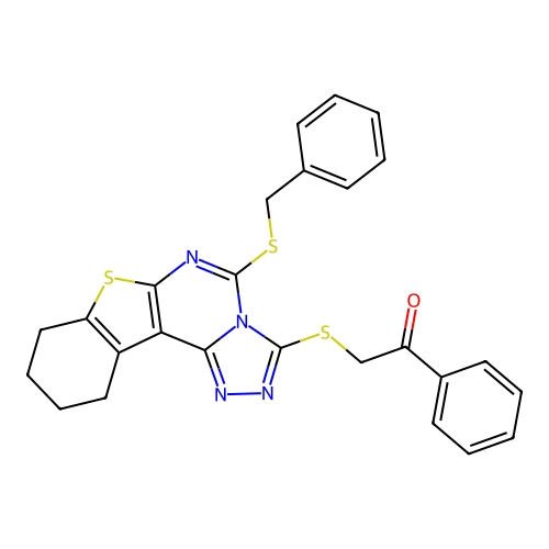 2-((5-(benzylthio)-8,9,10,11-tetrahydrobenzo[4,5]thieno[3,2-e][1,2,4]triazolo[4,3-c]pyrimidin-3-yl)thio)-1-phenylethanone structure