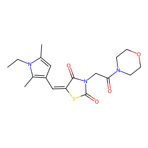 (5E)-5-[(1-ethyl-2,5-dimethyl-1H-pyrrol-3-yl)methylidene]-3-[2-(morpholin-4-yl)-2-oxoethyl]-1,3-thiazolidine-2,4-dione structure