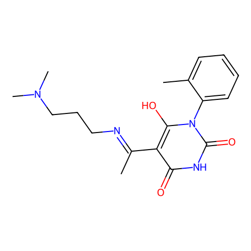 (E)-5-(1-((3-(dimethylamino)propyl)amino)ethylidene)-1-(o-tolyl)pyrimidine-2,4,6(1H,3H,5H)-trione structure
