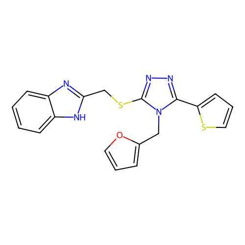 3-(benzimidazol-2-ylmethylthio)-4-(2-furylmethyl)-5-(2-thienyl)-1,2,4-triazole structure
