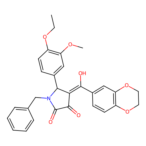 (4E)-1-benzyl-4-[2,3-dihydro-1,4-benzodioxin-6-yl(hydroxy)methylidene]-5-(4-ethoxy-3-methoxyphenyl)pyrrolidine-2,3-dione structure