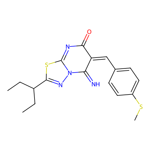 (E)-5-imino-6-(4-(methylthio)benzylidene)-2-(pentan-3-yl)-5H-[1,3,4]thiadiazolo[3,2-a]pyrimidin-7(6H)-one structure