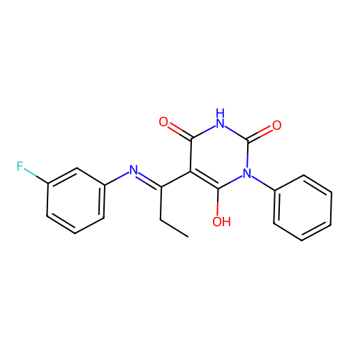 (E)-5-(1-((3-fluorophenyl)amino)propylidene)-1-phenylpyrimidine-2,4,6(1H,3H,5H)-trione structure