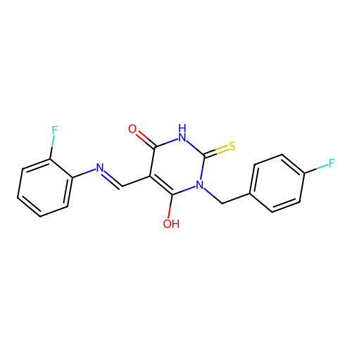 (5E)-1-(4-fluorobenzyl)-5-{[(2-fluorophenyl)amino]methylidene}-2-sulfanylpyrimidine-4,6(1H,5H)-dione structure