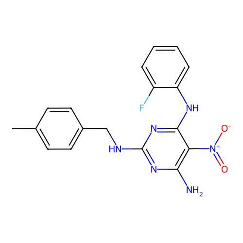 N~4~-(2-fluorophenyl)-N~2~-(4-methylbenzyl)-5-nitropyrimidine-2,4,6-triamine structure