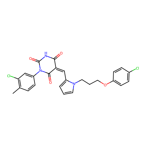 (5Z)-1-(3-chloro-4-methylphenyl)-5-[[1-[3-(4-chlorophenoxy)propyl]pyrrol-2-yl]methylidene]-1,3-diazinane-2,4,6-trione structure